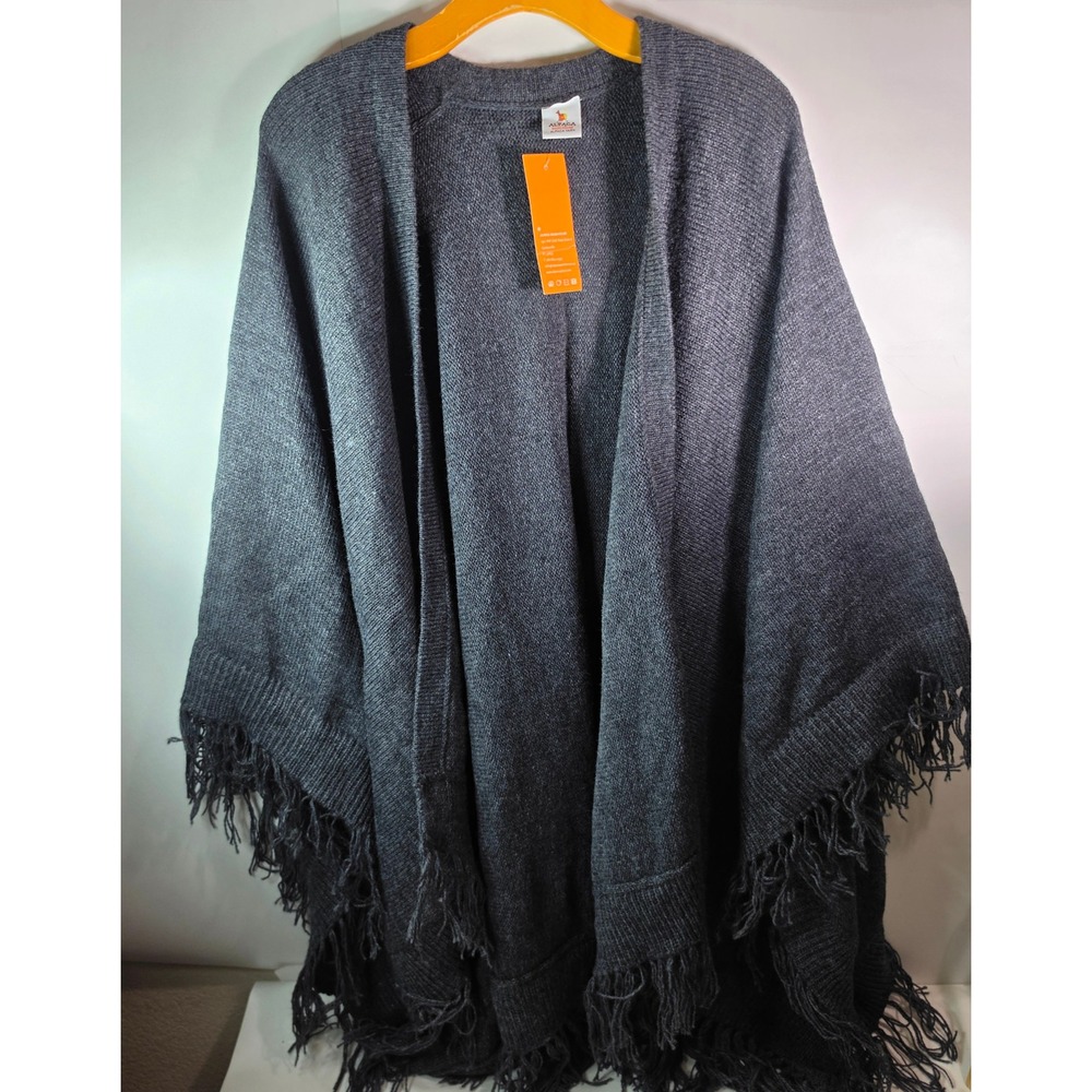 Alpaca Warehouse Poncho Shawl Wrap Charcoal Gray Fringed Knit Cape One Size NWT